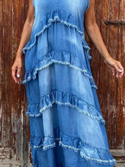 Raw Hem Layered Denim Maxi Dress