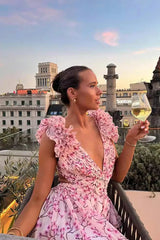 Deep V Ruffled Floral Backless Dress