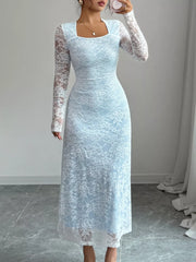 Lace Long Sleeve Square Neck Maxi Dress