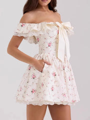 Off-Shoulder Floral Lace Trim Mini Dress