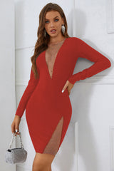 Elite V Neck Mesh Mini Dress Set-Red
