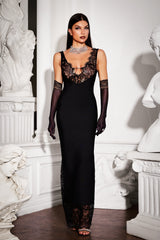 MARIAN GORGEOUS DEEP V NECK MAXI DRESS-BLACK