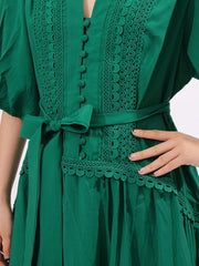 Lace Detail Notched Puff Sleeve Maxi Dress