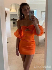 Simple Orange Strapless Short Homecoming Dress with Puff Sleeves, HD3237