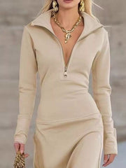 Zip Collar Long Sleeve Maxi Dress