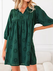 Embroidered Eyelet Pattern 3/4 Puffy Sleeve Swing Mini Dress