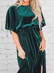 Slit Round Neck Flutter Sleeve Velvet Maxi Dress