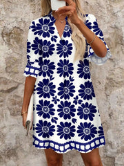 Floral Print Notched Ruffle Sleeve Mini Dress