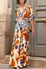 Geometric Print V-Neck Maxi Dress with Cutout Detail