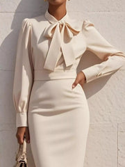 Bow Tie Neck Long Sleeve Bodycon Dress