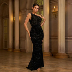 Alana One‑Shoulder Sequined Sheath Slit Maxi Dress