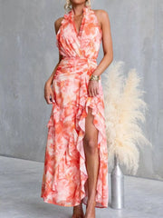 Floral Print Ruffle Halter Neck Maxi Dress