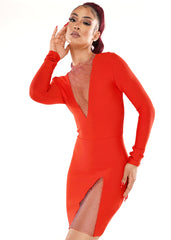 Elite V Neck Mesh Mini Dress Set-Red