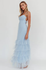 Nerida Twist Back Frill Trim Mesh Maxi Dress Steel Blue
