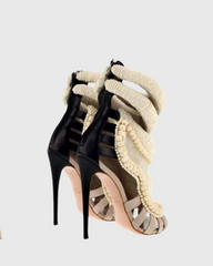 Edith Pearl Embellished Strap Sandals In Black And Beige