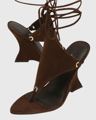 Eki Lace Up Wedge Thong Sandals In Brown