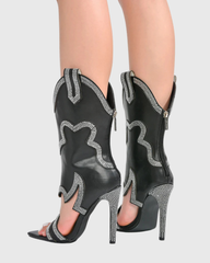 Ortensia Rhinestone Mid Calf Cowboy Sandals In Black