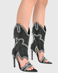 Ortensia Rhinestone Mid Calf Cowboy Sandals In Black