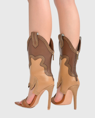 Ortensia Rhinestone Mid Calf Cowboy Sandals In Brown