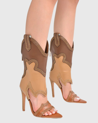 Ortensia Rhinestone Mid Calf Cowboy Sandals In Brown