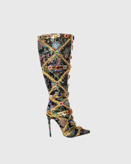 Sardinia Rhinestone Embroidery Knee High Boots In Black