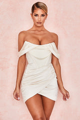 EVVA OFF SHOULDER SATIN MINI DRESS