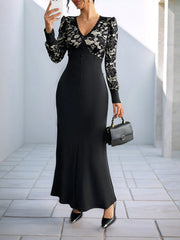 Lace V-Neck Long Sleeve Maxi Dress