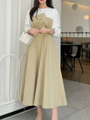 Contrast Long Sleeve Midi Dress with Belted