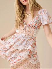 Floral Puff Sleeve Tiered Mini Dress