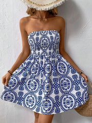 Smocked Printed Tube Mini Dress