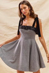 SO ME Houndstooth Fit Flare Mini Dress with Shoulder Tie
