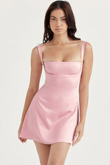 SILKY SATIN SQUARE NECK SUSPENDER STRAP PARTY MINI DRESS