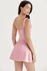 SILKY SATIN SQUARE NECK SUSPENDER STRAP PARTY MINI DRESS
