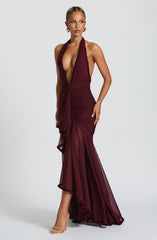 Calia Wine Lace Deep V Maxi Dress